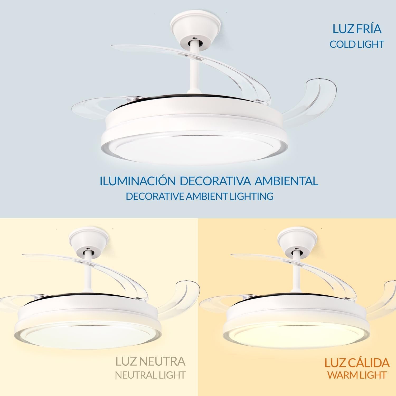 Ventilador de Techo LED Blanco "Olga" con Aspas Retráctiles | Motor DC Silencioso, 6 Velocidades, Luz CCT Regulable y Mando a Distancia - Imagen 3